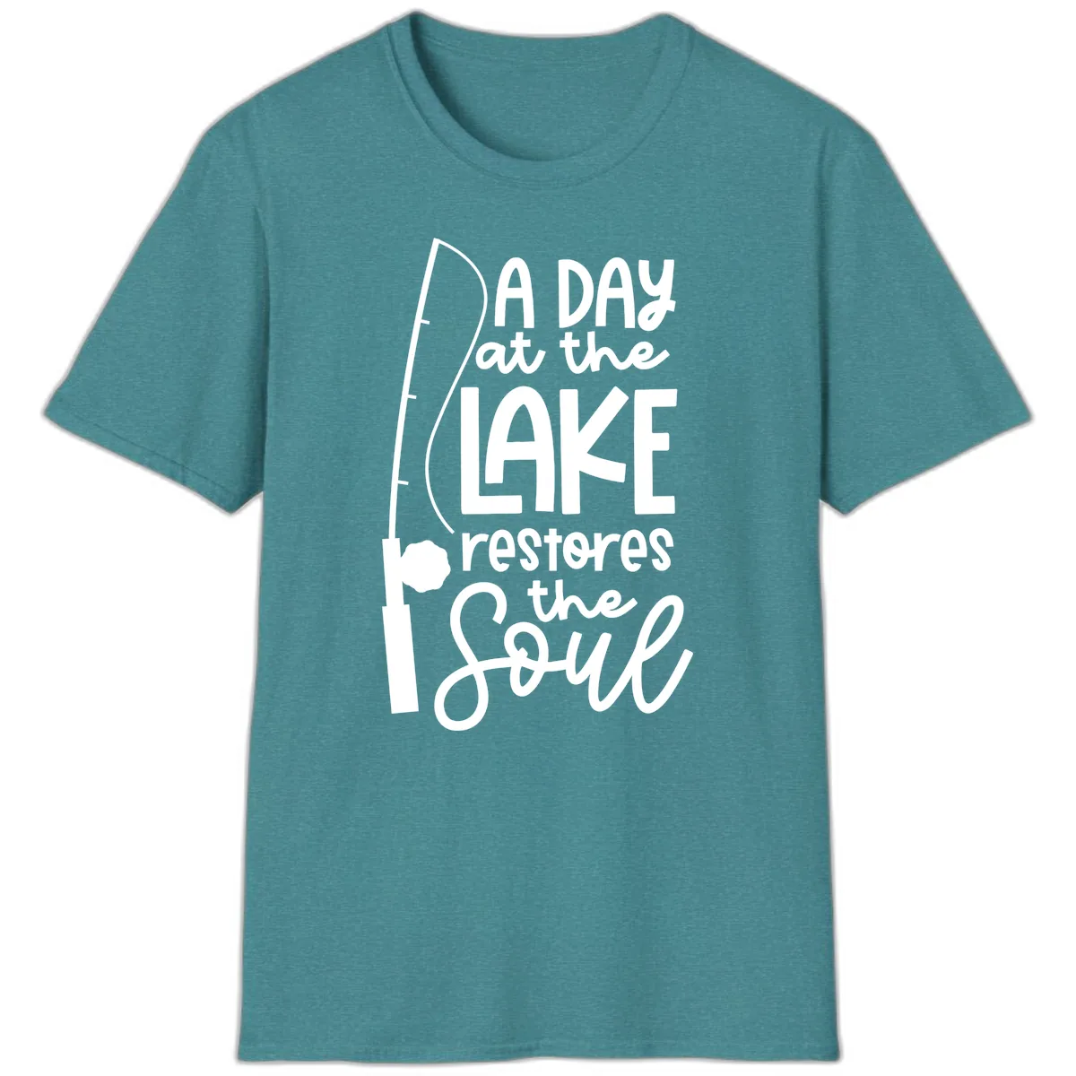 A Day at the Lake Restores the Soul T-Shirt in Heather Galapagos Blue