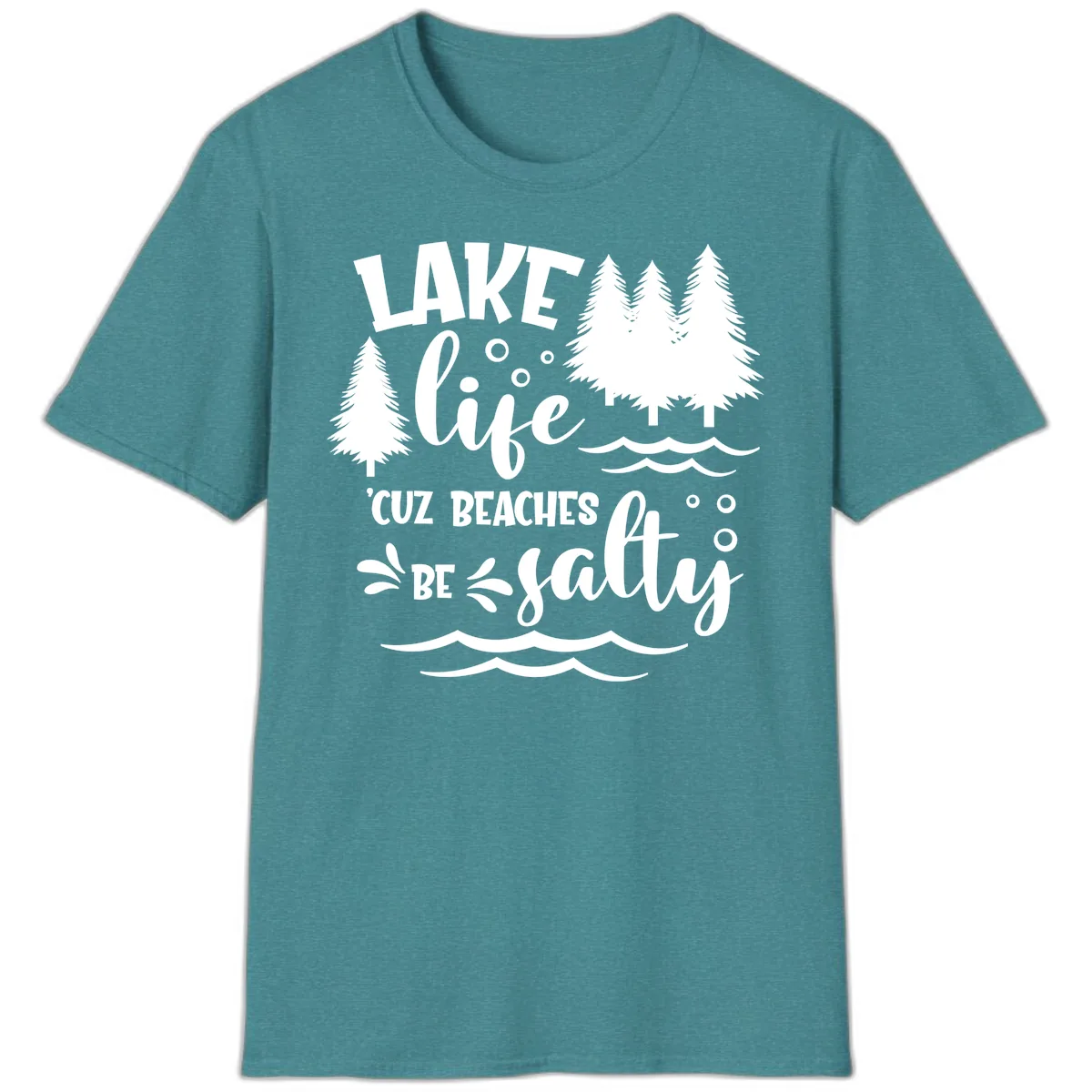 Lake Life Cuz Beaches Be Salty Design T-Shirt in Heather Galapagos Blue