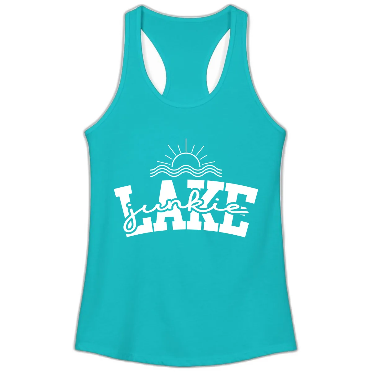Lake Junkie Graphic Design Ladies Tank in Tahiti Blue
