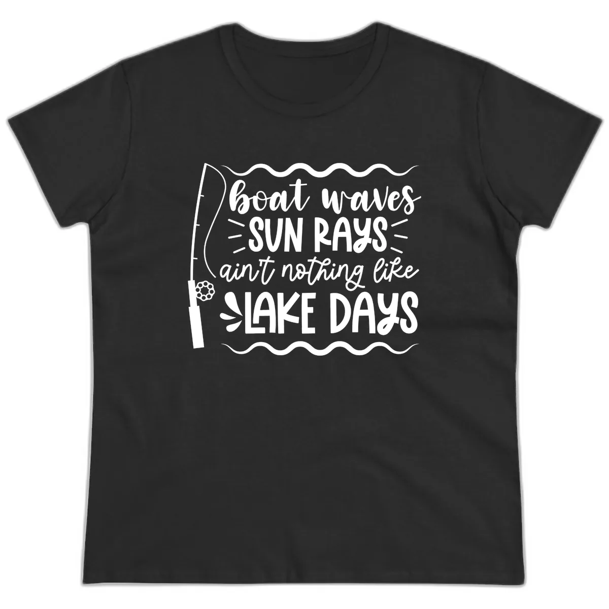 Boat Waves Sun Rays Lake Days Ladies Tee in Black