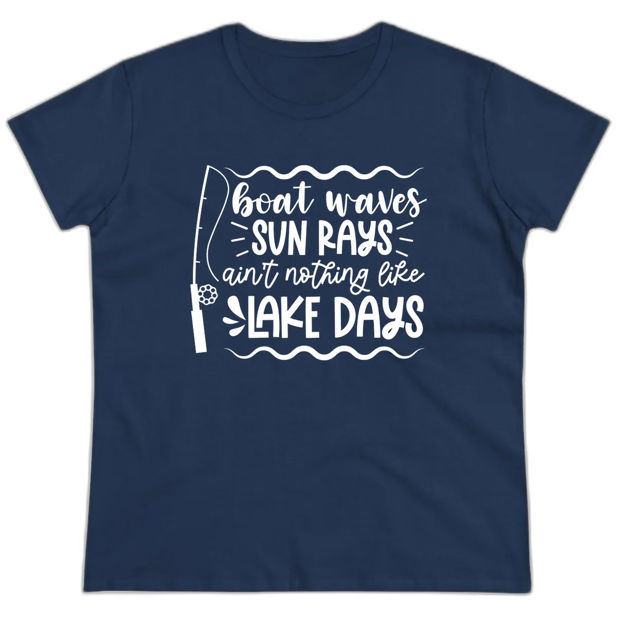 Boat Waves Sun Rays Lake Days Ladies Tee in Navy