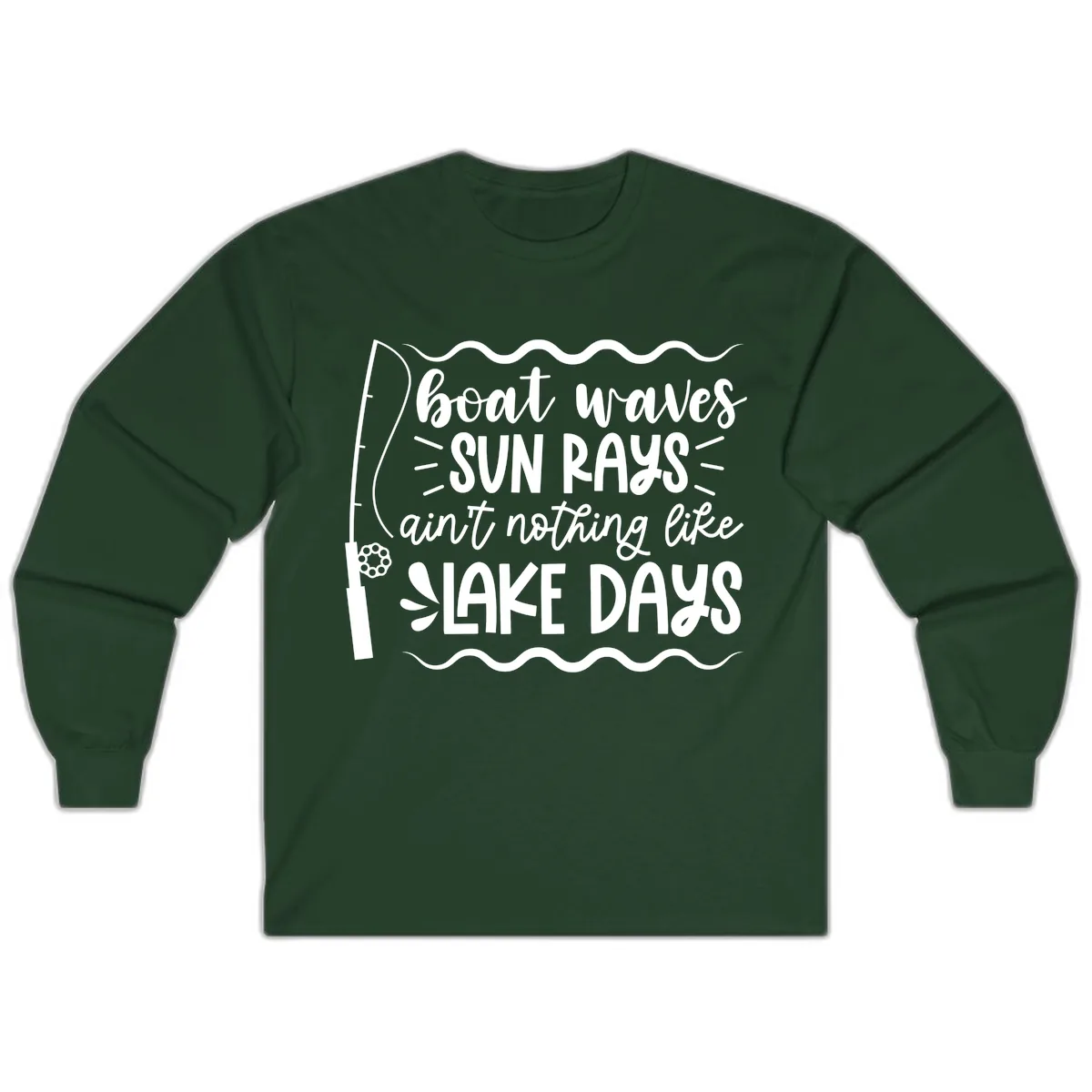 Boat Waves Sun Rays Lake Days Long Sleeve in Forest Green