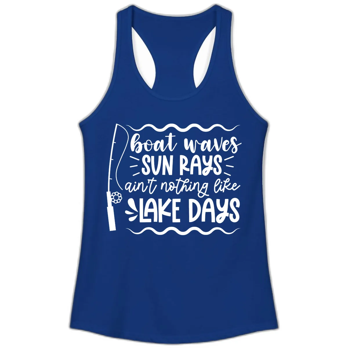 Boat Waves Sun Rays Lake Days Ladies Tank in Solid Royal