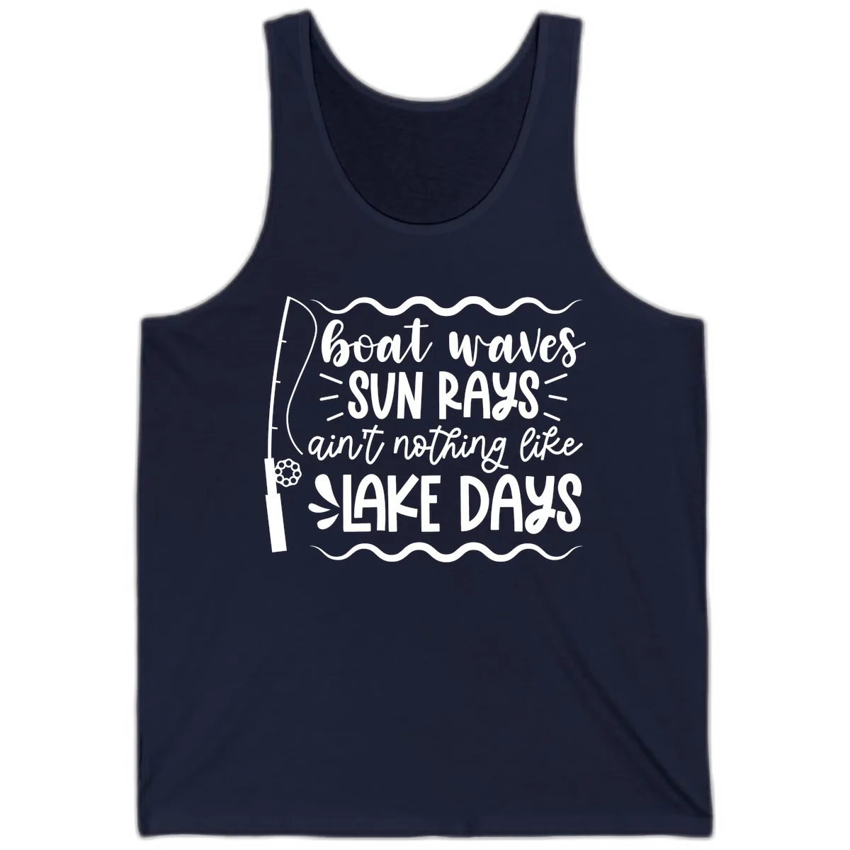 Boat Waves Sun Rays Lake Days Tank in Navy