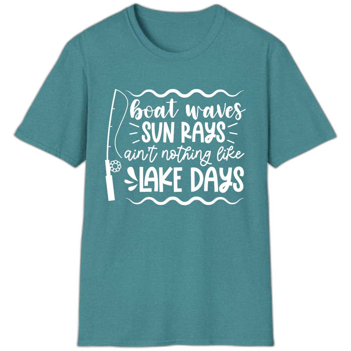 Boat Waves Sun Rays Lake Days T-Shirt in Heather Galapagos Blue