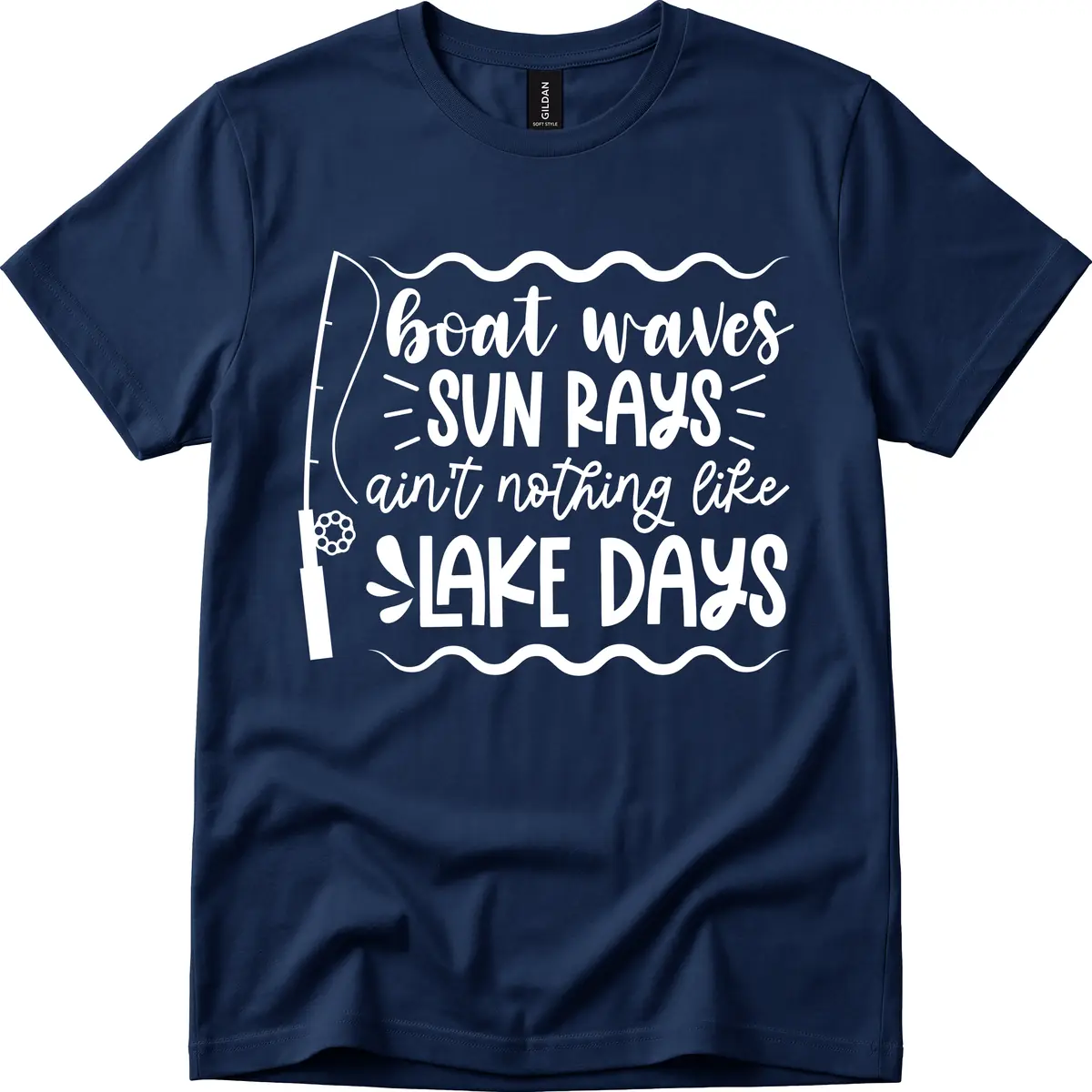 Boat Waves Sun Rays Lake Days T-Shirt in Navy
