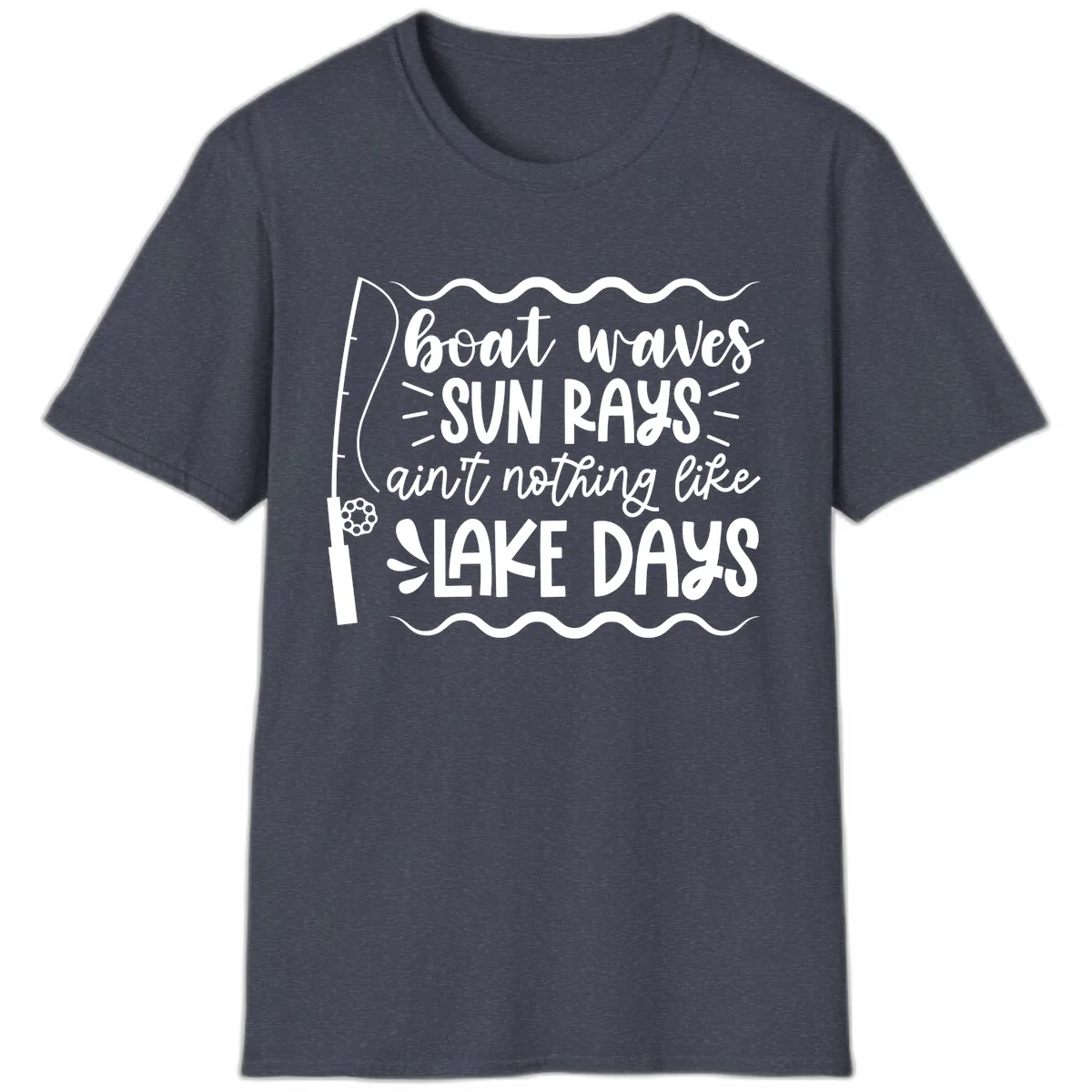 Boat Waves Sun Rays Lake Days T-Shirt in Heather Navy