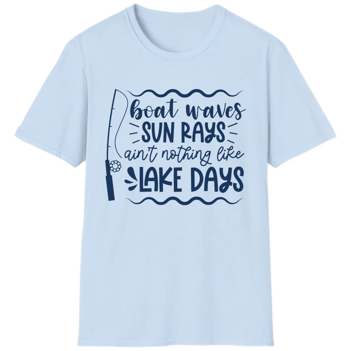 Boat Waves Sun Rays Lake Days T-Shirt in Light Blue