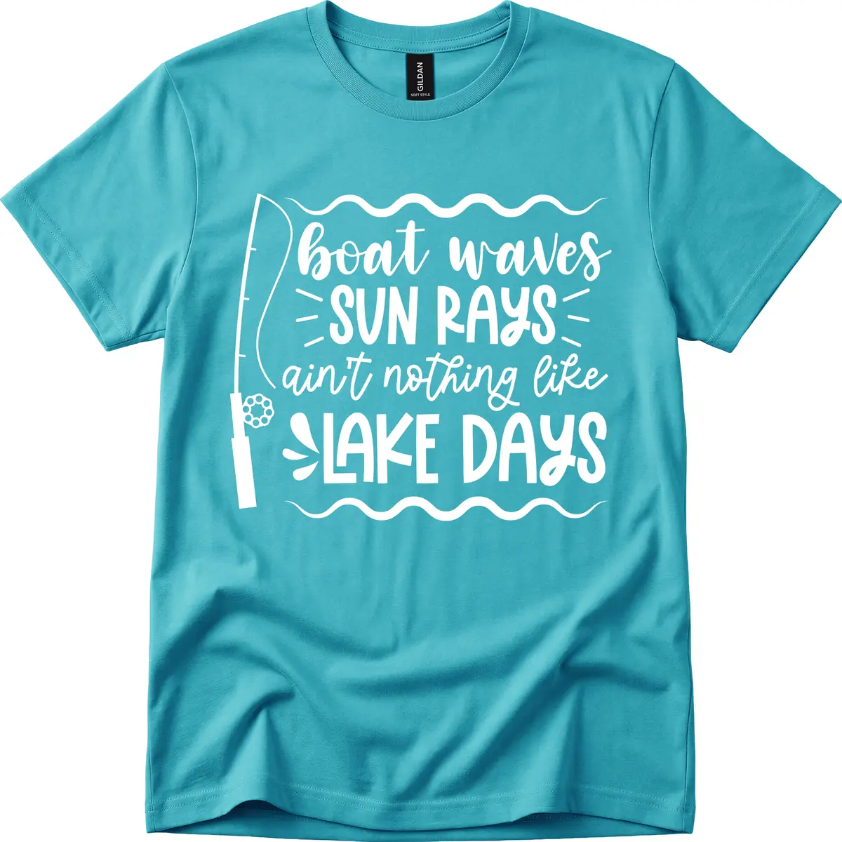 Boat Waves Sun Rays Lake Days T-Shirt in Tropical Blue