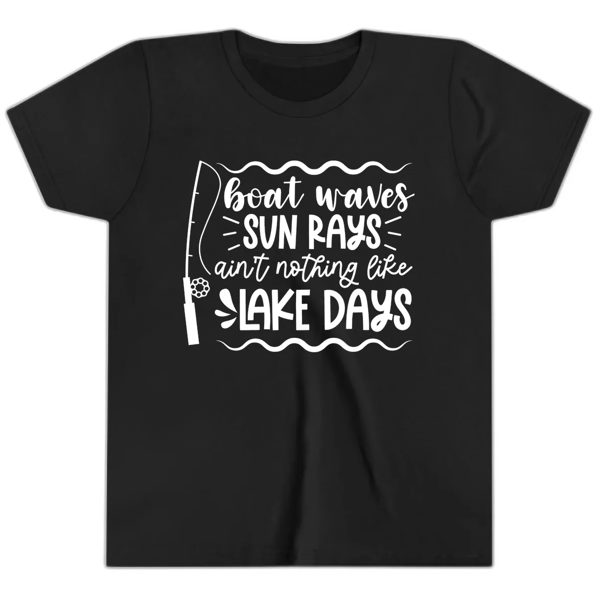 Boat Waves Sun Rays Lake Days Youth T-Shirt in Black