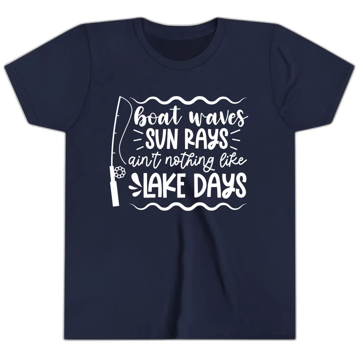 Boat Waves Sun Rays Lake Days Youth T-Shirt in Navy