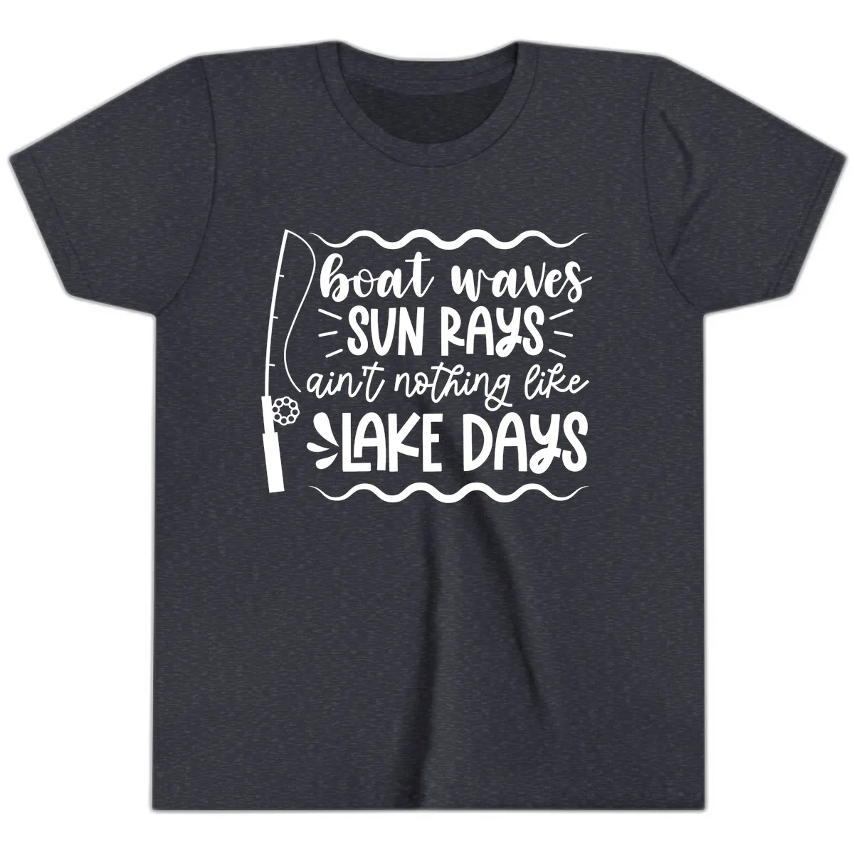 Boat Waves Sun Rays Lake Days Youth T-Shirt in Heather Navy