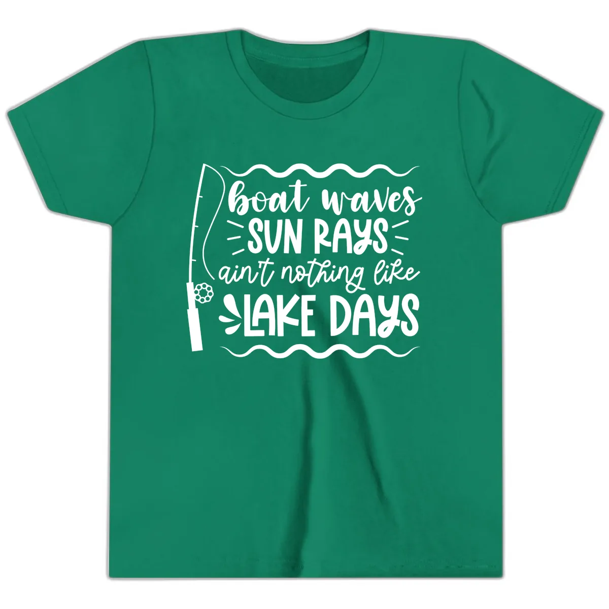 Boat Waves Sun Rays Lake Days Youth T-Shirt in Kelly