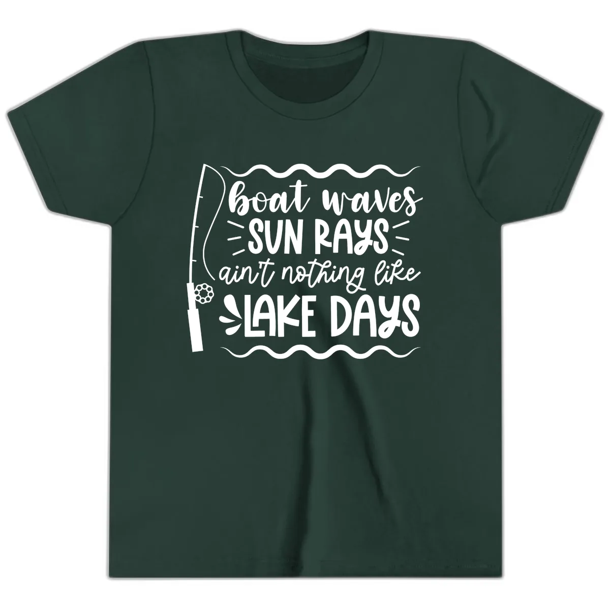 Boat Waves Sun Rays Lake Days Youth T-Shirt in Forest