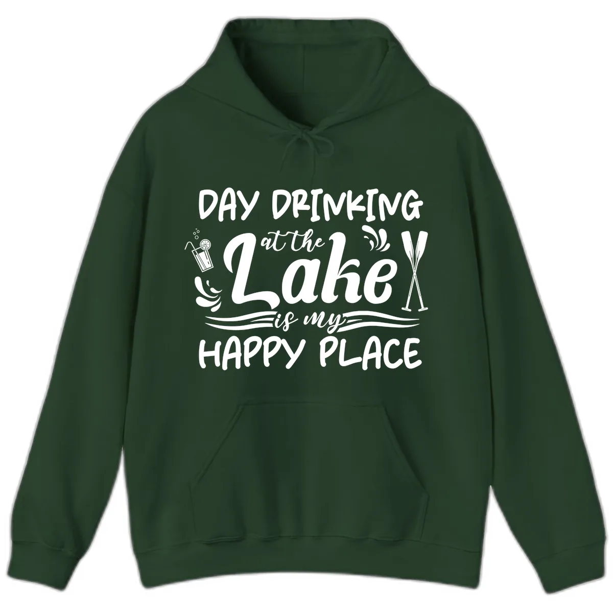 Day Drinking At The Lake Happy Place Hoodie in Forest Green
