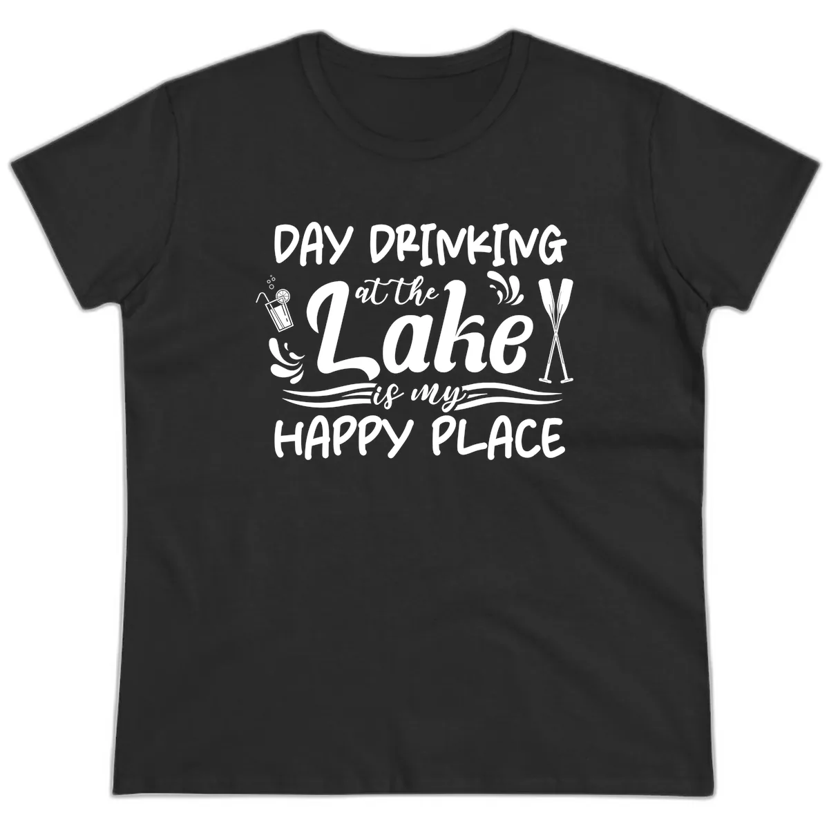 Day Drinking At The Lake Happy Place Ladies Tee in Black