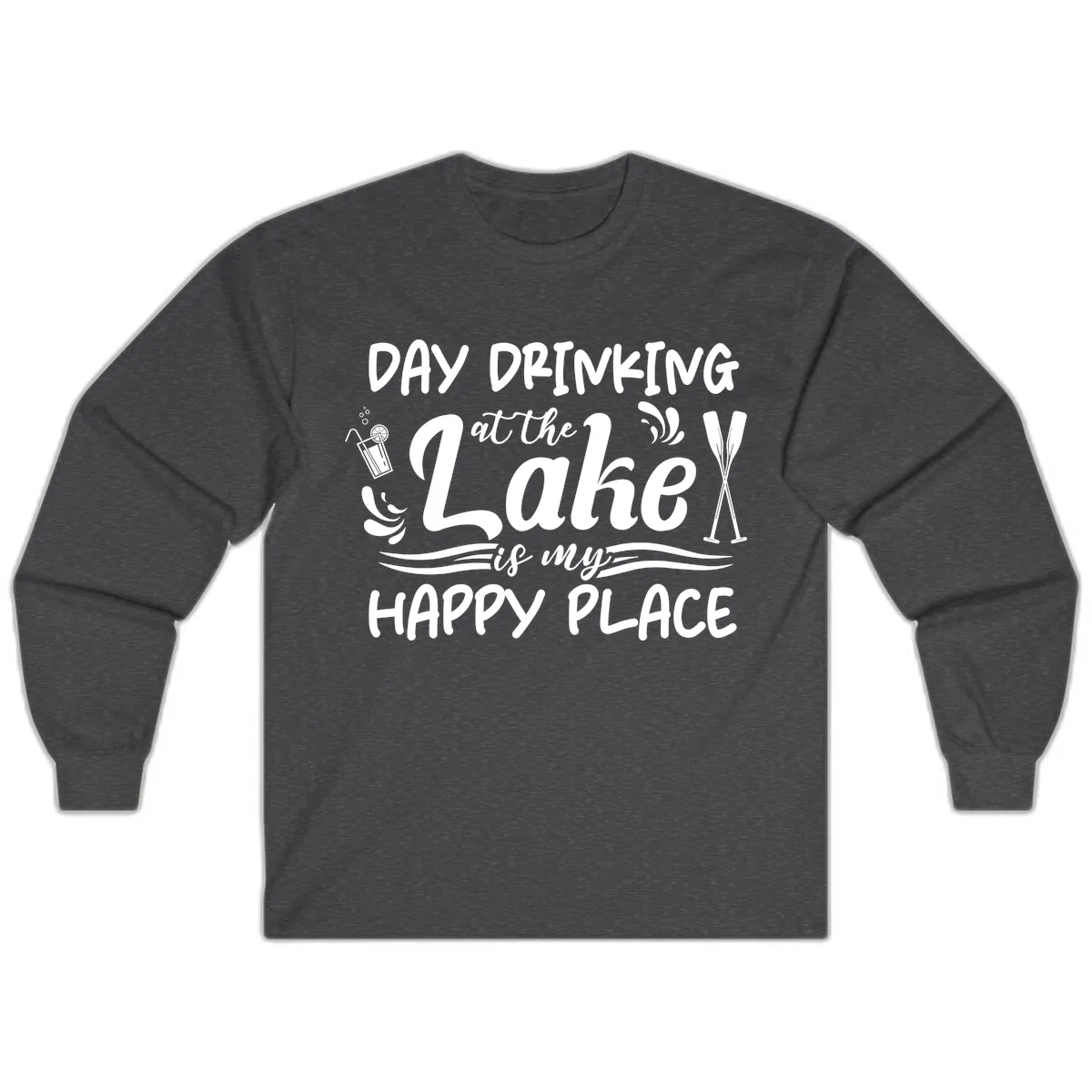 Day Drinking At The Lake Happy Place Long Sleeve in Dark Heather
