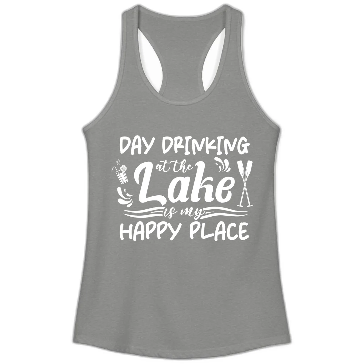 Day Drinking At The Lake Happy Place Ladies Tank in Heather Grey
