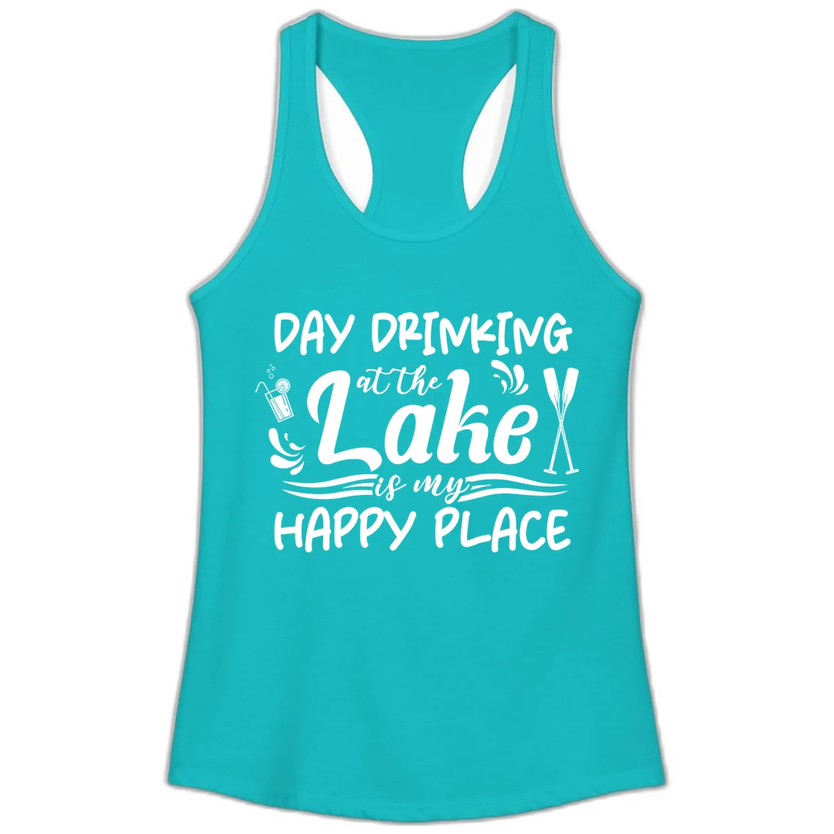 Day Drinking At The Lake Happy Place Ladies Tank in Tahiti Blue