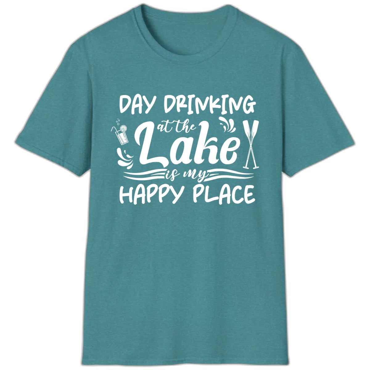 Day Drinking At The Lake Happy Place T-Shirt in Heather Galapagos Blue