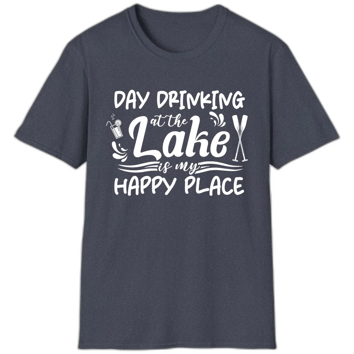 Day Drinking At The Lake Happy Place T-Shirt in Heather Navy