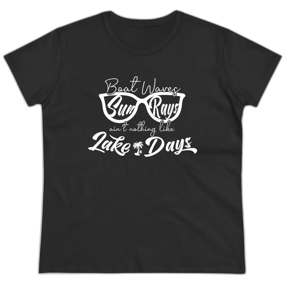 Boat Waves Sun Rays Lake Days Ladies Tee in Black
