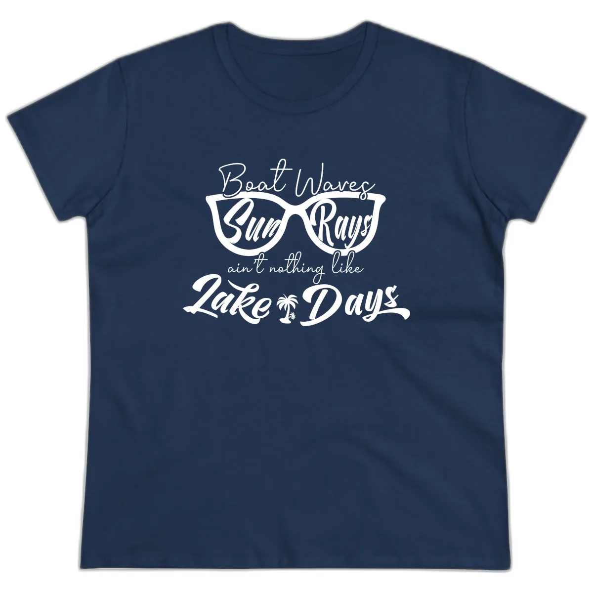 Boat Waves Sun Rays Lake Days Ladies Tee in Navy