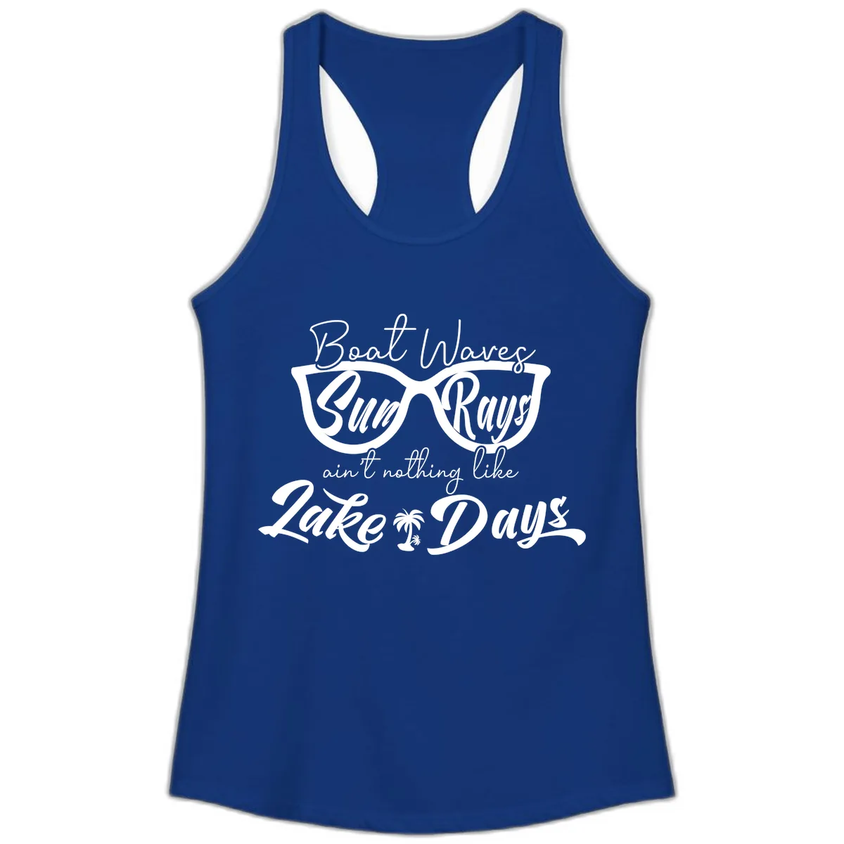 Boat Waves Sun Rays Lake Days Ladies Tank in Solid Royal