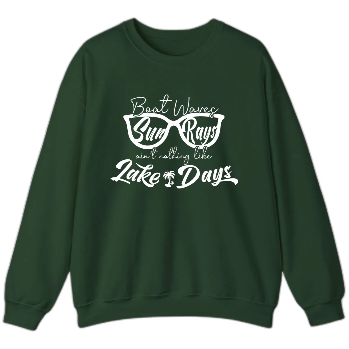 Boat Waves Sun Rays Lake Days Sweatshirt in Forest Green