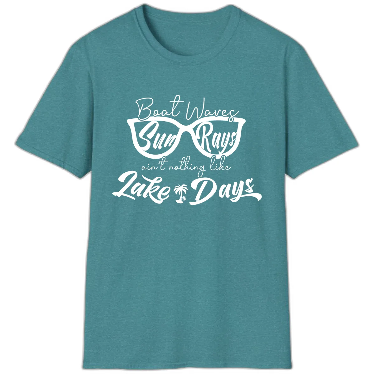 Boat Waves Sun Rays Lake Days T-Shirt in Heather Galapagos Blue