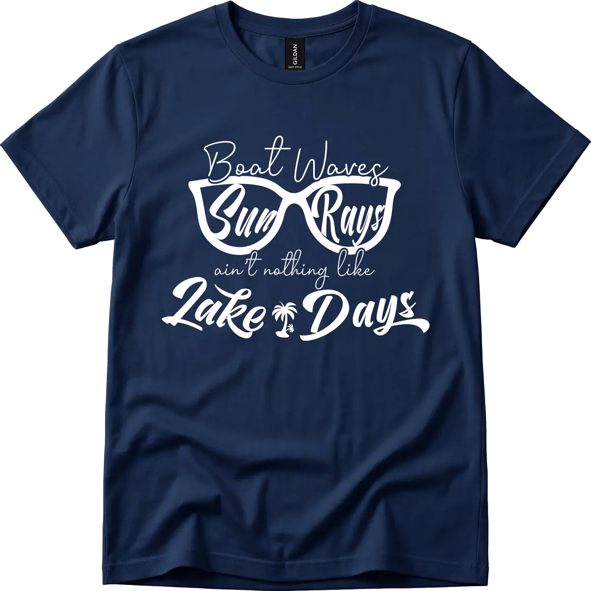 Boat Waves Sun Rays Lake Days T-Shirt in Navy