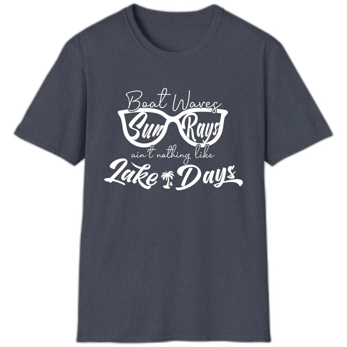 Boat Waves Sun Rays Lake Days T-Shirt in Heather Navy