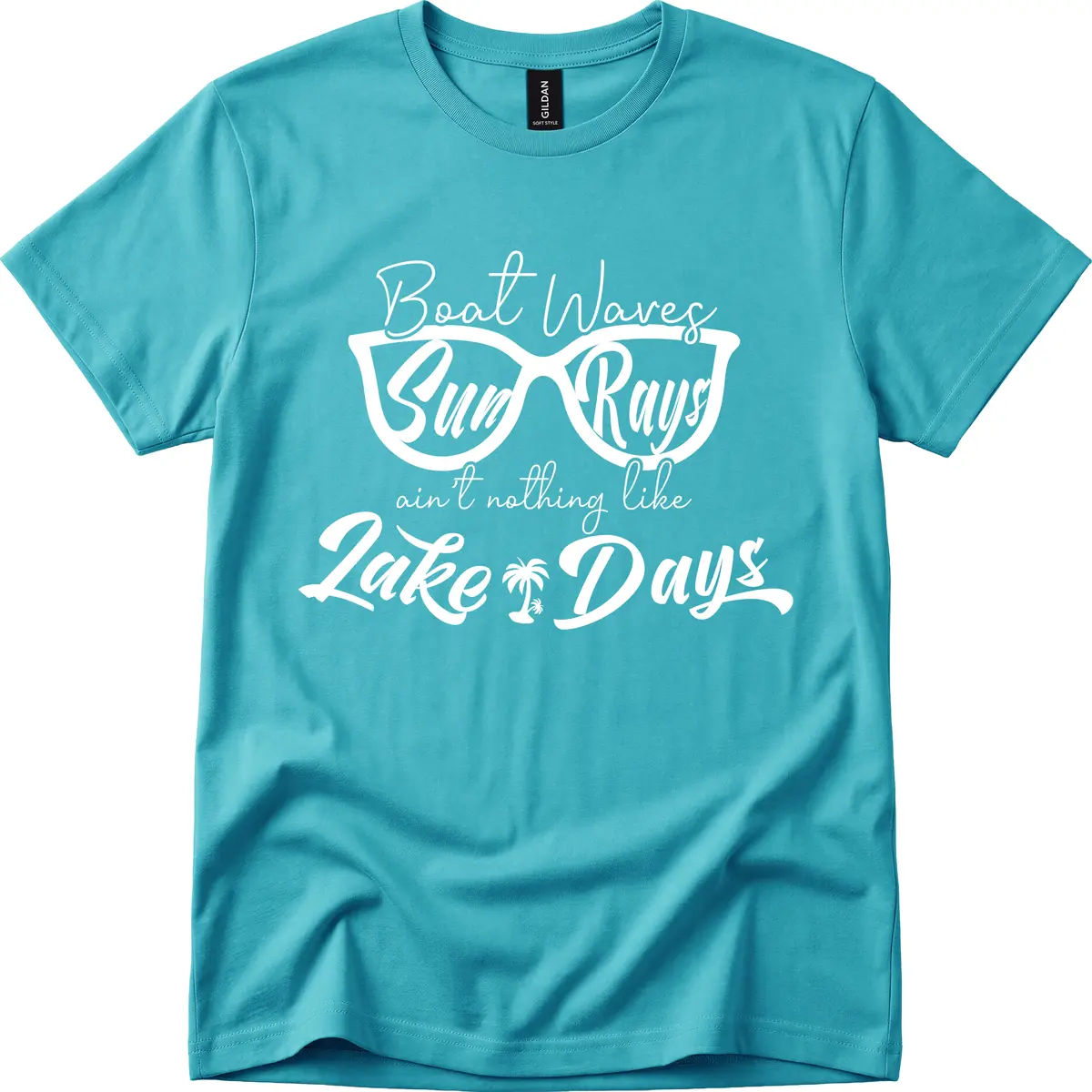 Boat Waves Sun Rays Lake Days T-Shirt in Tropical Blue