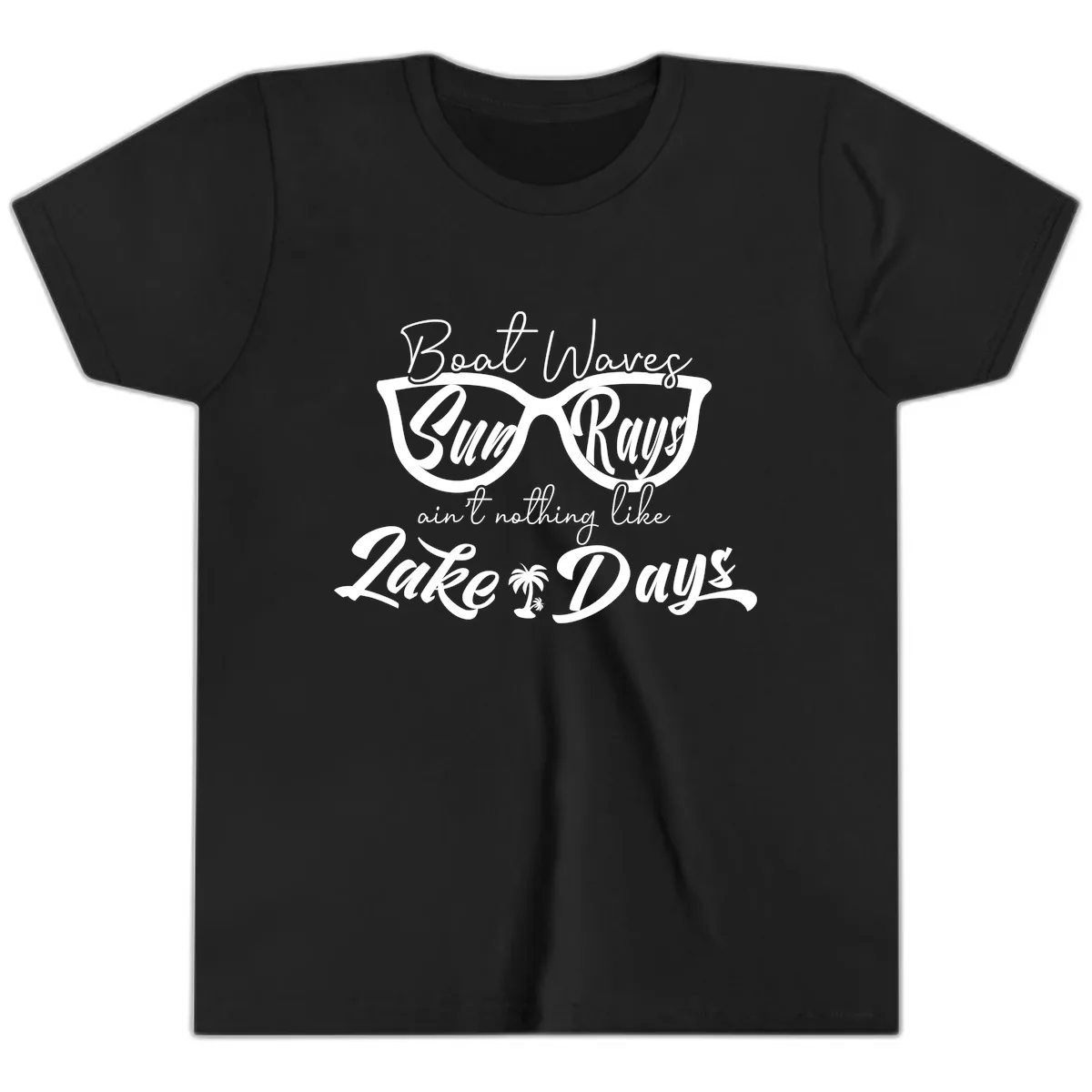 Boat Waves Sun Rays Lake Days Youth T-Shirt in Black