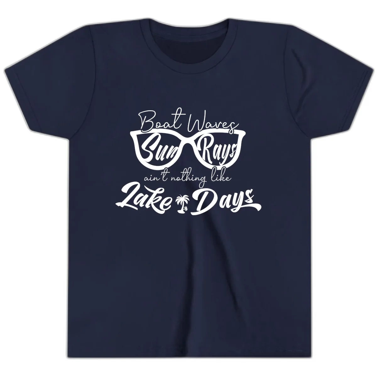 Boat Waves Sun Rays Lake Days Youth T-Shirt in Navy