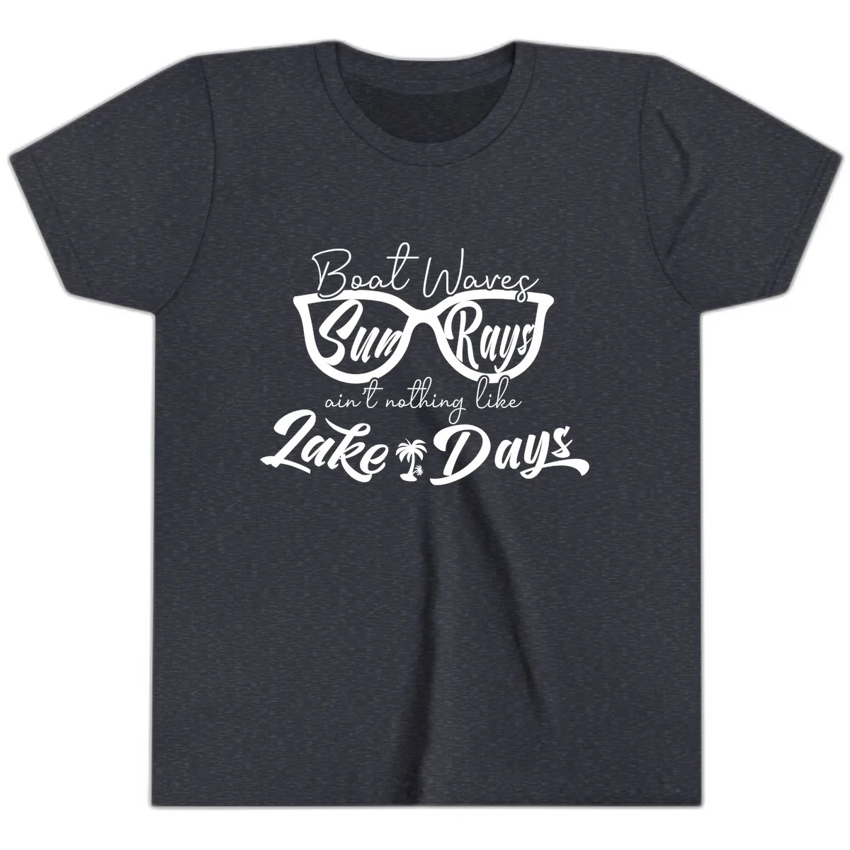 Boat Waves Sun Rays Lake Days Youth T-Shirt in Heather Navy