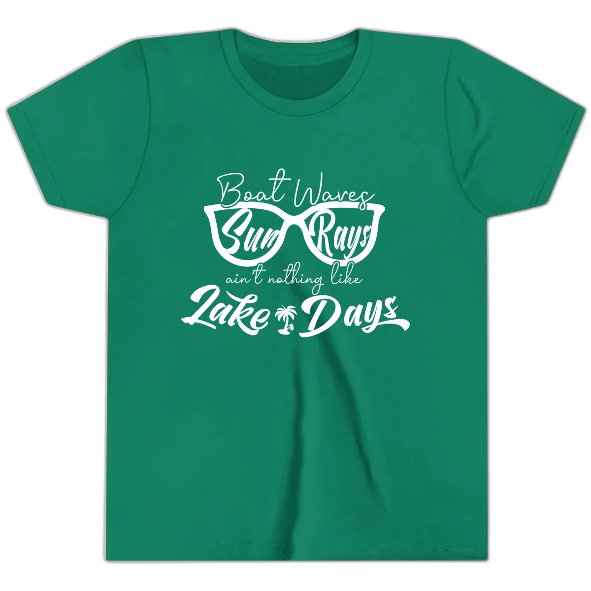 Boat Waves Sun Rays Lake Days Youth T-Shirt in Kelly