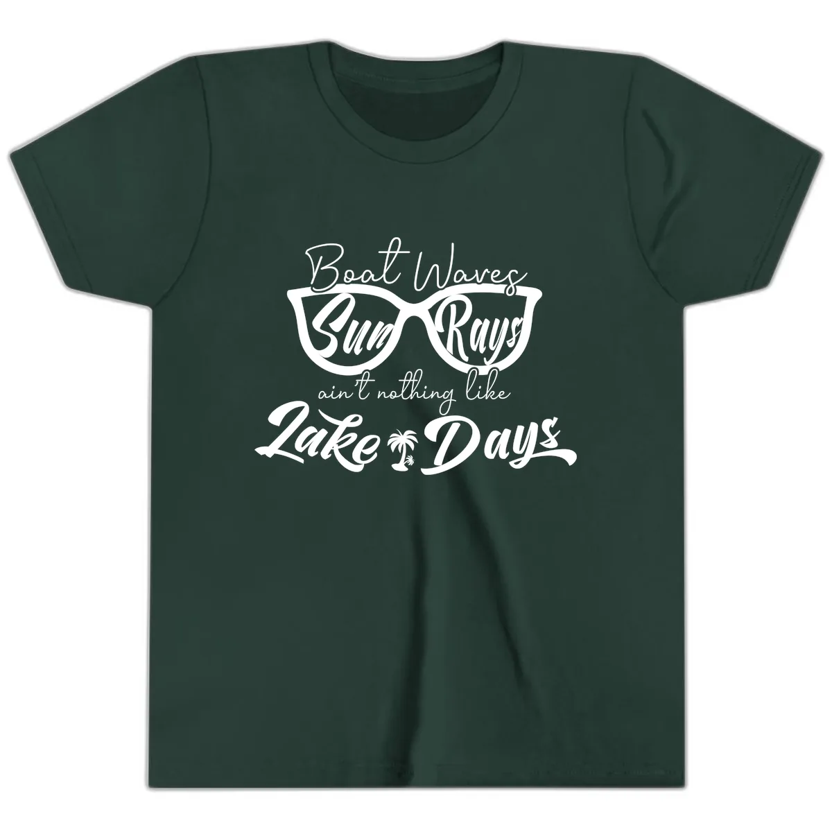 Boat Waves Sun Rays Lake Days Youth T-Shirt in Forest