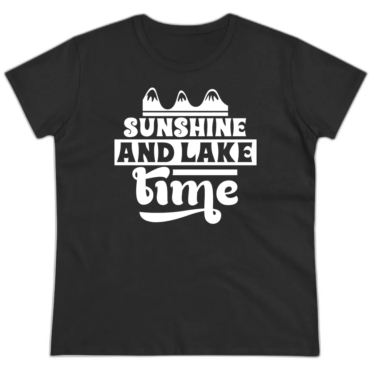 Sunshine And Lake Time Design Ladies Tee in Black
