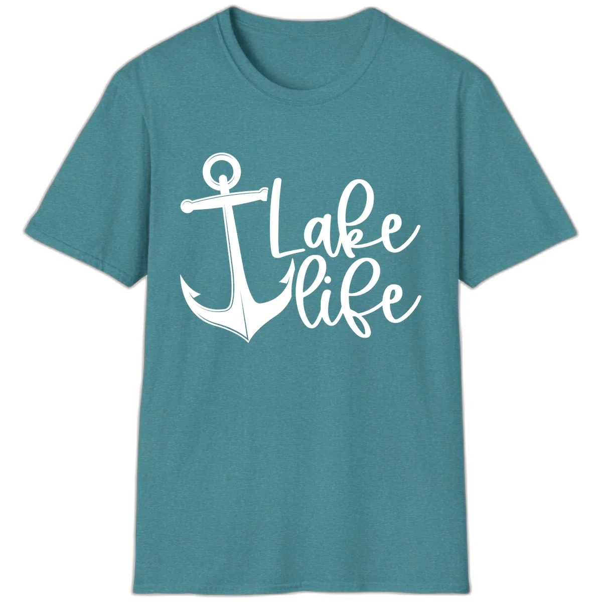 Lake Life Anchor Design T-Shirt in Heather Galapagos Blue