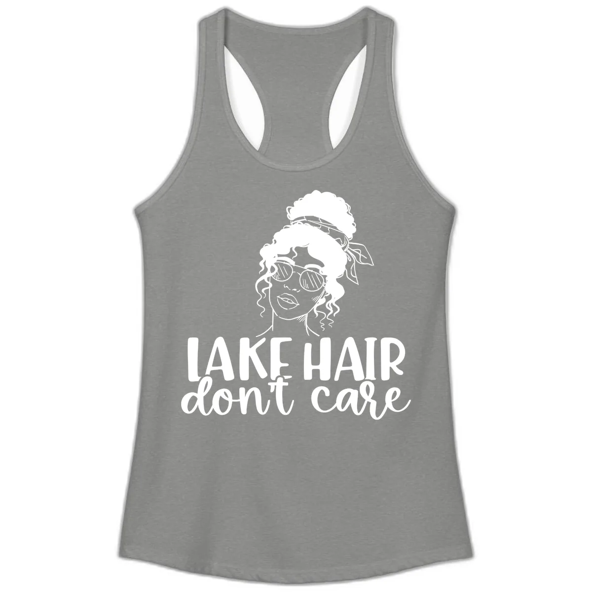 Lake Hair Don't Care Graphic Ladies Tank in Heather Grey
