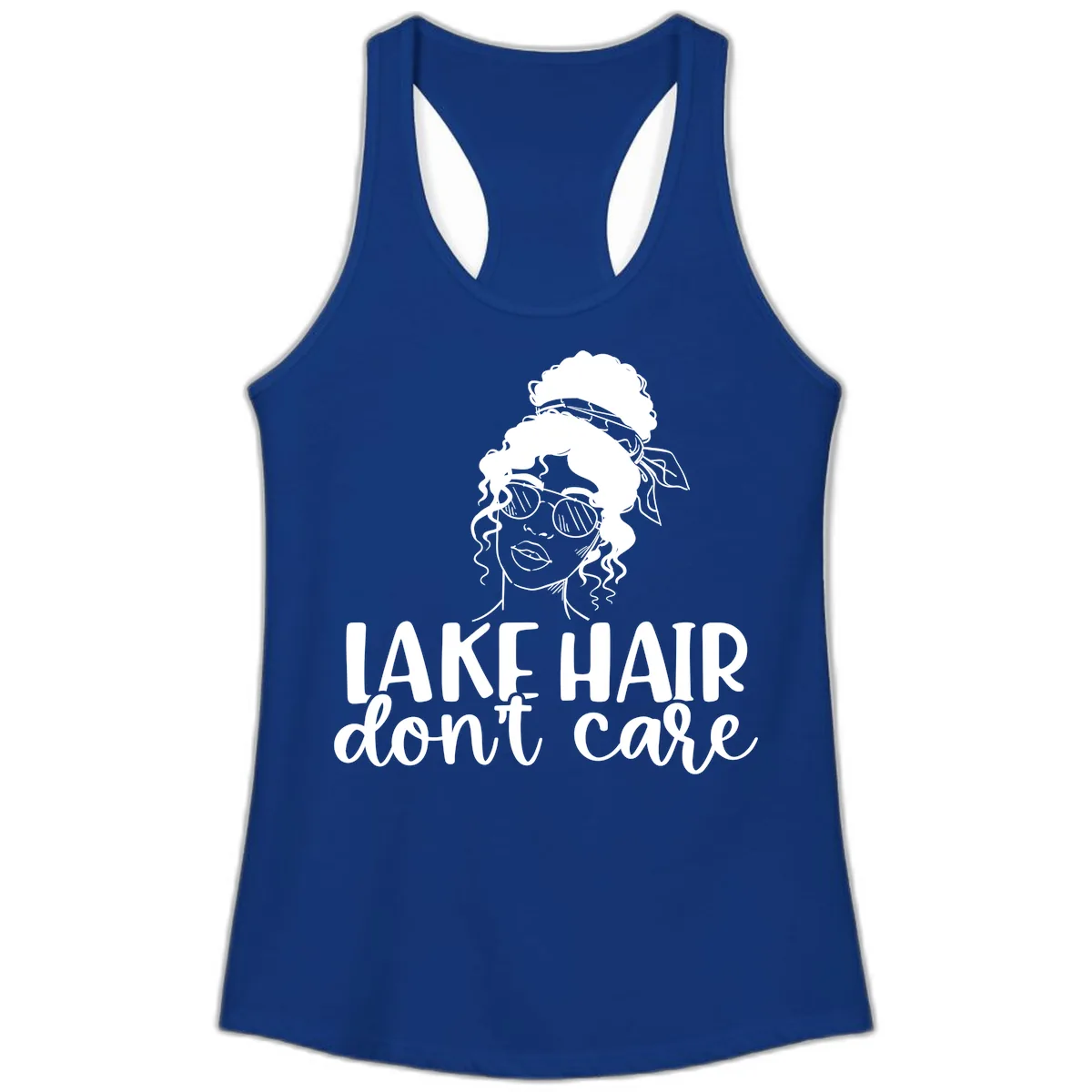Lake Hair Don't Care Graphic Ladies Tank in Solid Royal