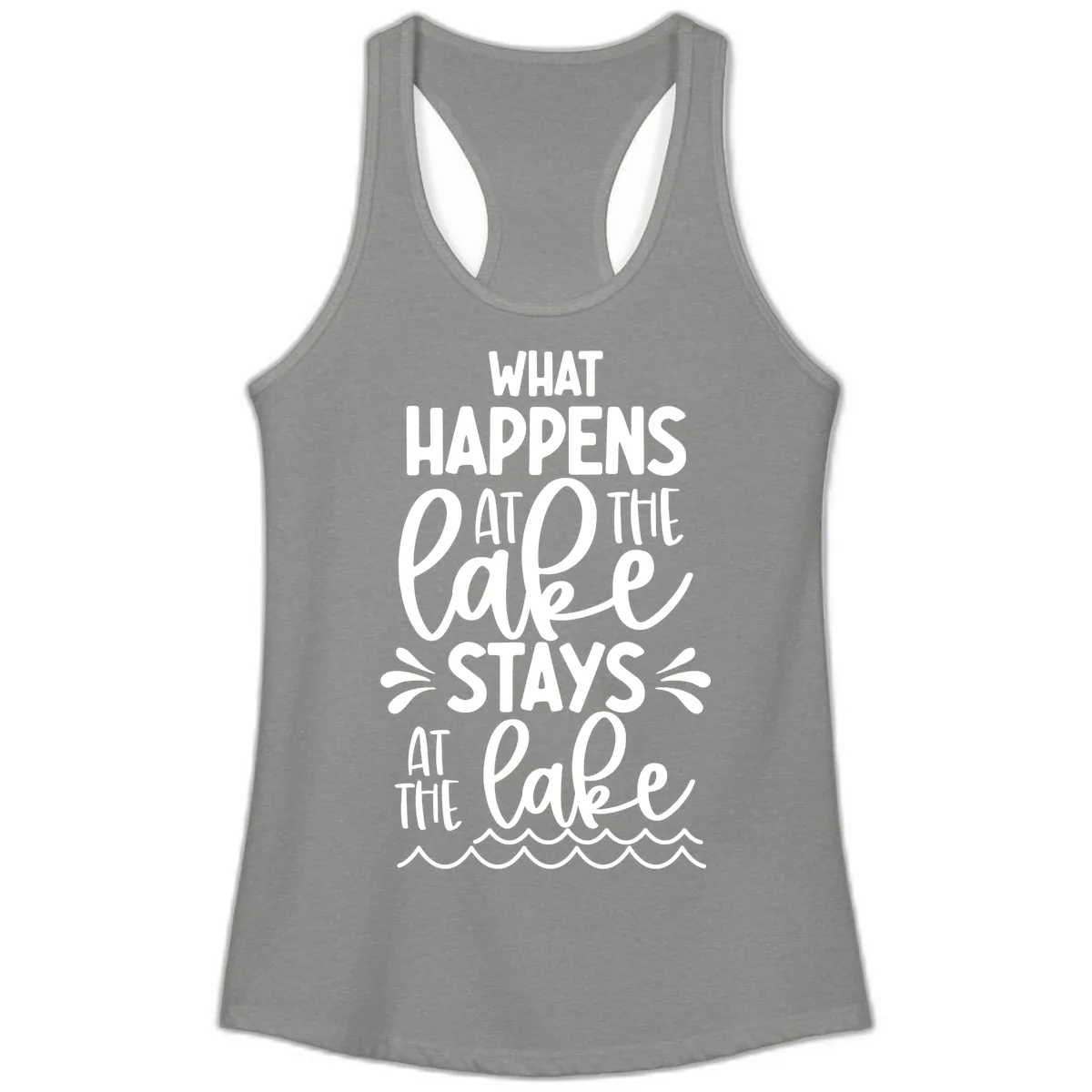 What Happens At The Lake Stays At The Lake Ladies Tank in Heather Grey