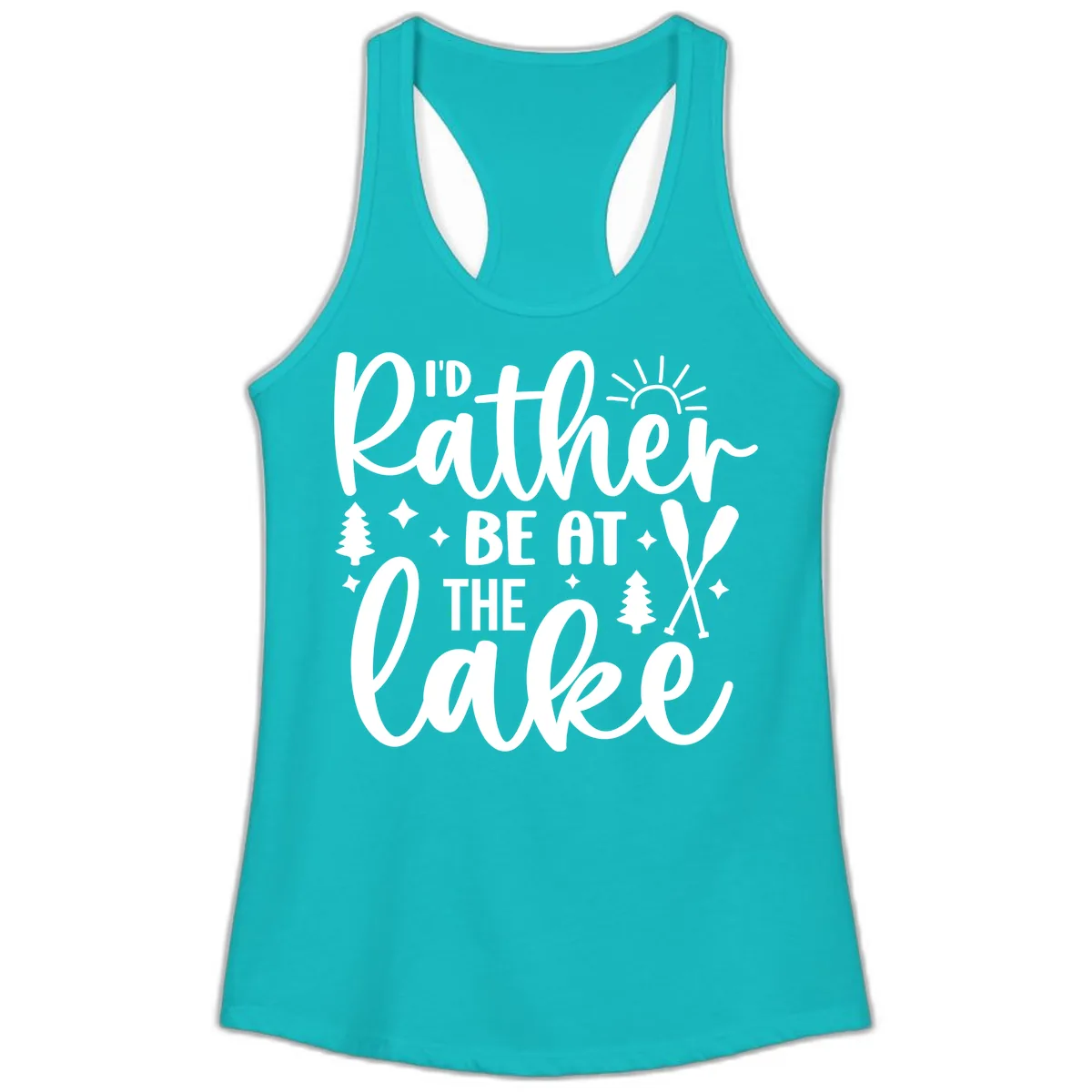 I'd Rather Be At The Lake Typography Ladies Tank in Tahiti Blue