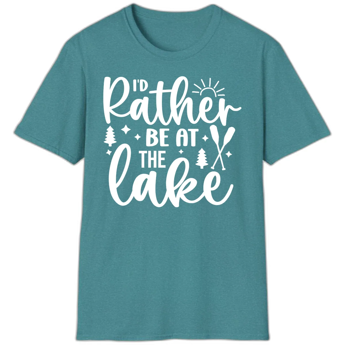I'd Rather Be At The Lake Typography T-Shirt in Heather Galapagos Blue
