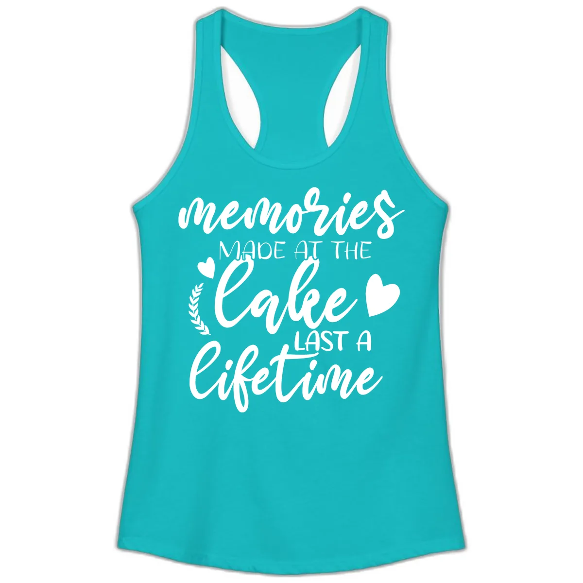 Memories Made At The Lake Last A Lifetime Ladies Tank in Tahiti Blue