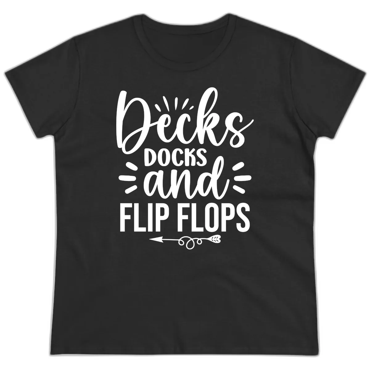 Decks Docks and Flip Flops Design Ladies Tee in Black