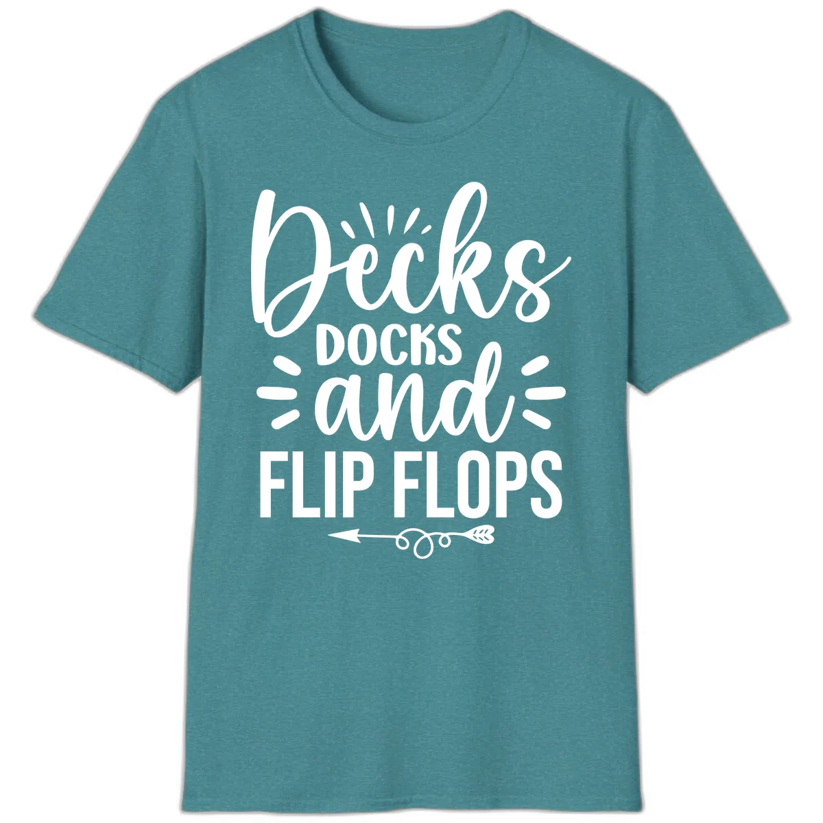 Decks Docks and Flip Flops Design T-Shirt in Heather Galapagos Blue