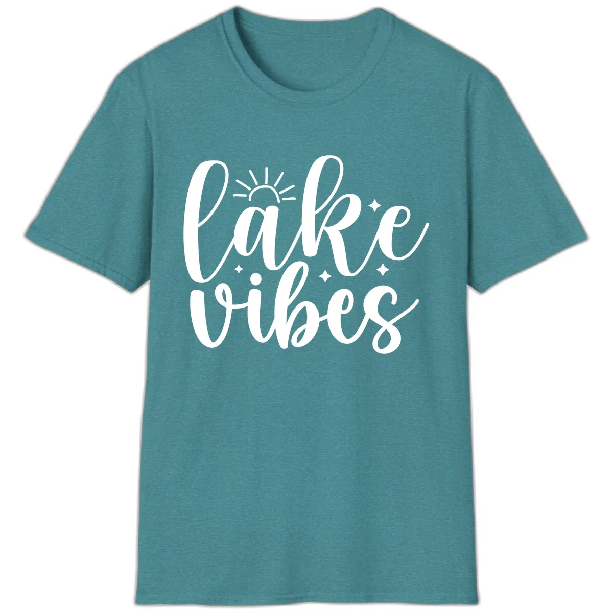 Lake Vibes Script Design T-Shirt in Heather Galapagos Blue