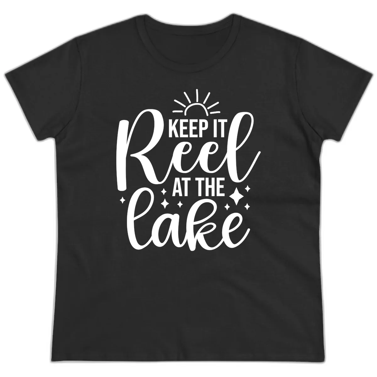Keep It Reel At The Lake Design Ladies Tee in Black